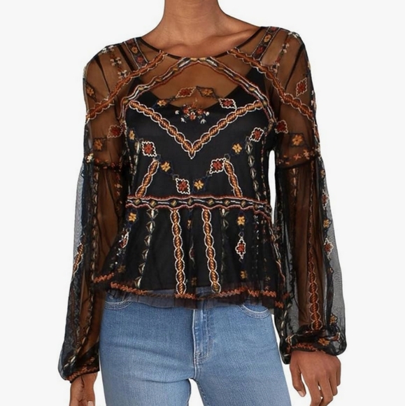 Free People Give A Little Mesh Top Womens Sz S Blk Embroidered Sheer Peplum Fall - Picture 1 of 12